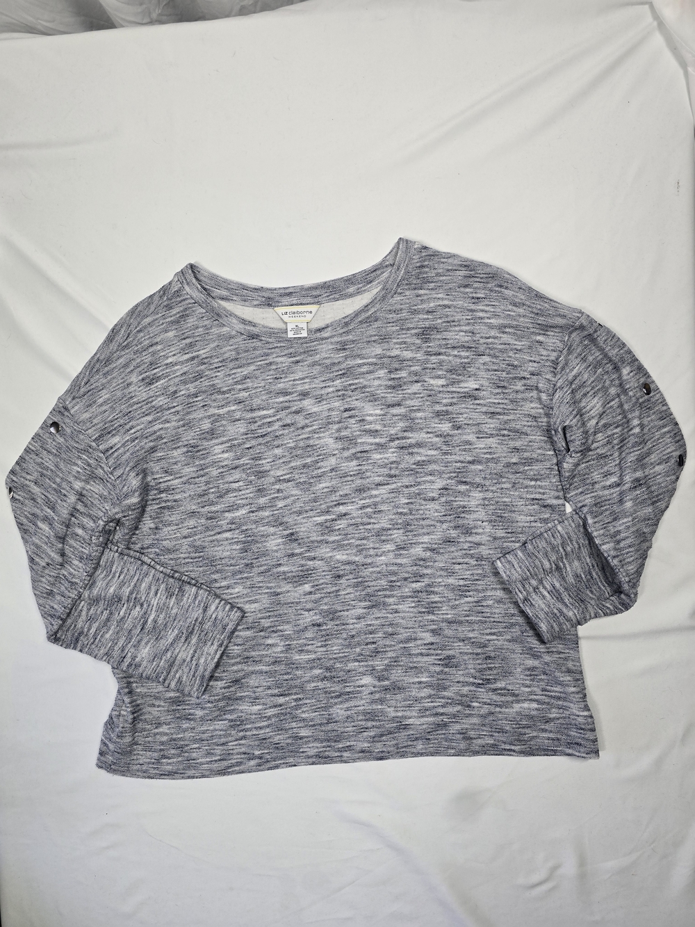 Liz Claiborne Weekend Blue Grey Marled Knit Top XL Snap Sleeve